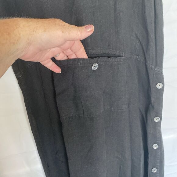 Vintage TomTom Dress Womens Med Maxi Black Linen USA Kangaroo Pocket & Hoodie - Picture 3 of 7